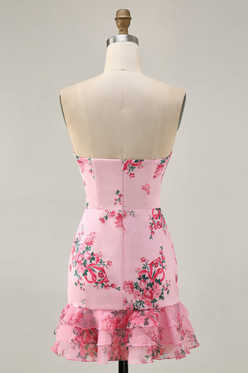 Pink Floral Bodycon Strapless Printed Short Party Dress with Ruffles